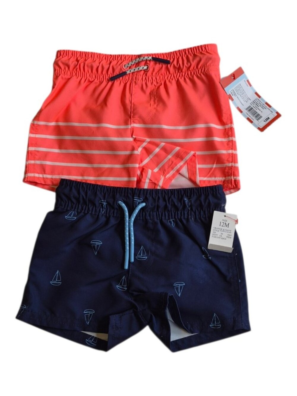 Cat & Jack Baby Boy Size 12m Swim Trunks Bundle White Striped, Sailboats